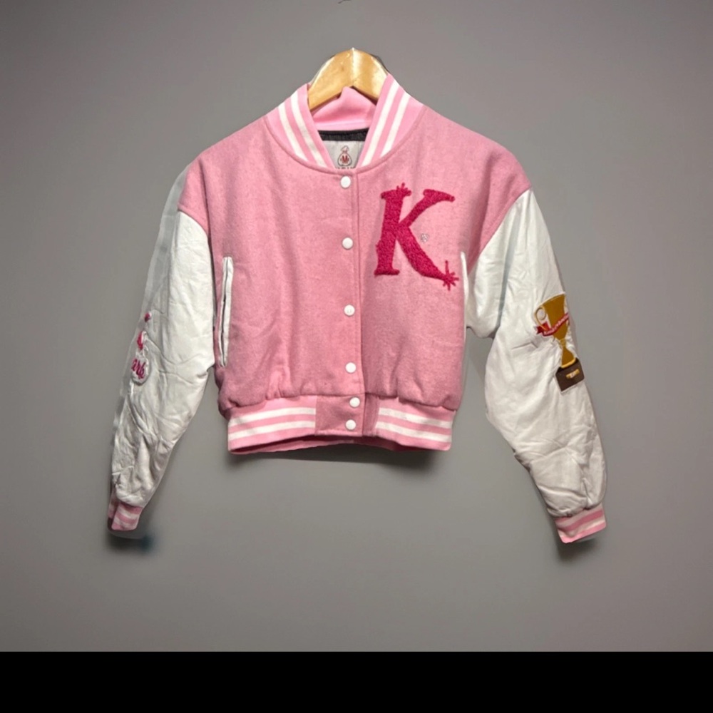 Kris Millionz Enterprises Pink White Varsity Jacket Size S K Character letterman